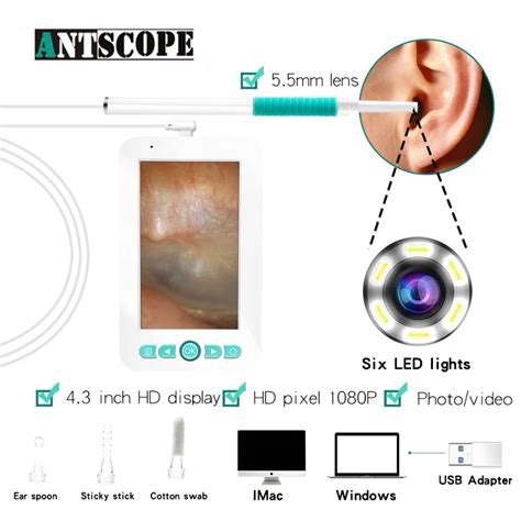 Antscope Visualizer Video Otoscope 5.5mm Visual Ear Cleaning Spoon Endoscope with 4.3 inch LCD ...