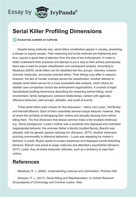 Serial Killer Profiling Dimensions - 284 Words | Essay Example