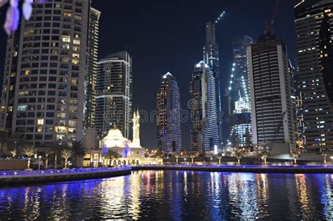 Dubai Marina at night editorial photography. Image of illumination - 267762492