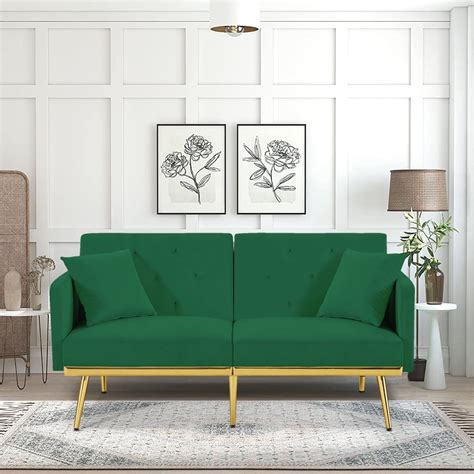 Green Velvet Futon Couch, Folding Sleeper Sofa, Sofa Couch Bed with 2 Pillows, Modern ...