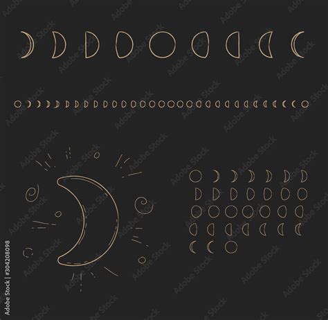 Moon phases. Moon cycle calendar. Lunar calendar. astronomy black gold ...