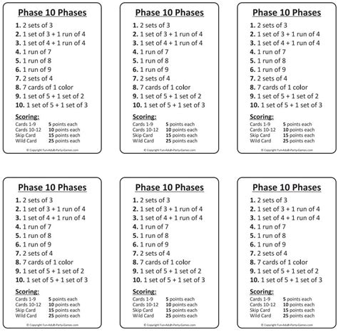 Phase 10 Printable Cards