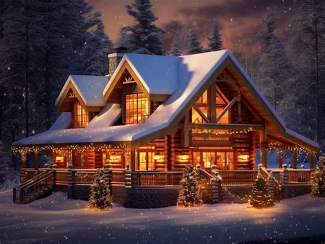 Premium AI Image | Snowy cabin with christmas lights and trees in the snow generative ai