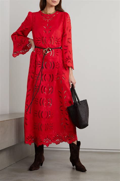 Vita Kin Anfisa Scalloped Broderie Anglaise Linen Midi Dress - Red - ShopStyle