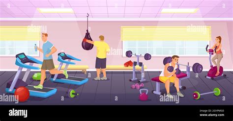 People exercise in sport gym, workout with fitness equipment. Cartoon training club interior ...