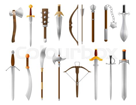 Cartoon medieval weapon. Old sword, bow and axe. Fantasy knight battle ...