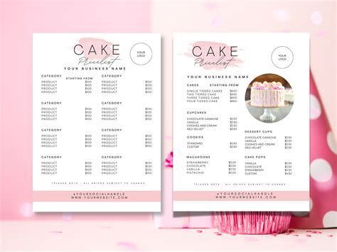 Cake Price List Pink Price List Bakery Menu Template Bakery - Etsy