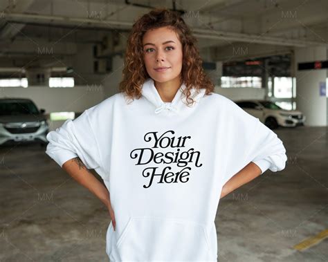 Gildan 18500 White Hoodie Mockup Oversized Hoodie Mockup Female Model ...