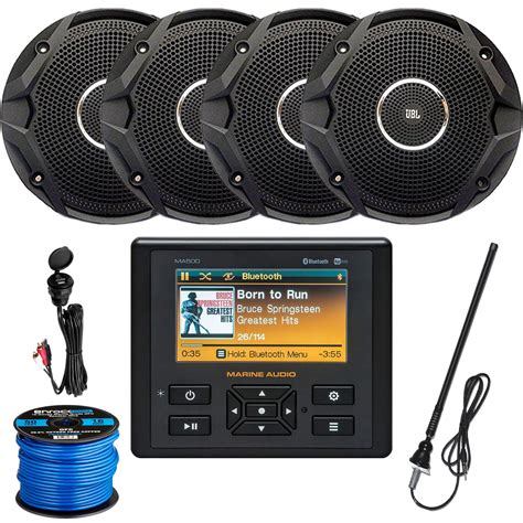 Marine Audio AM/FM USB Bluetooth Waterproof Stereo, 4 x 6.5" Dual Cone Black Stereo Speakers ...