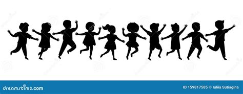 Black Silhouette Group of Cartoon Happy Children Girl and Boy Joyfully ...