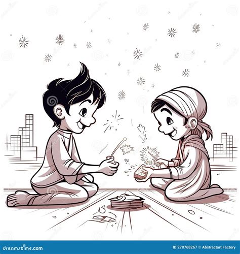 Line Art Drawing for Happy Diwali Concept. Cartoon Kids Playing Crackers. Ai Generated Stock ...