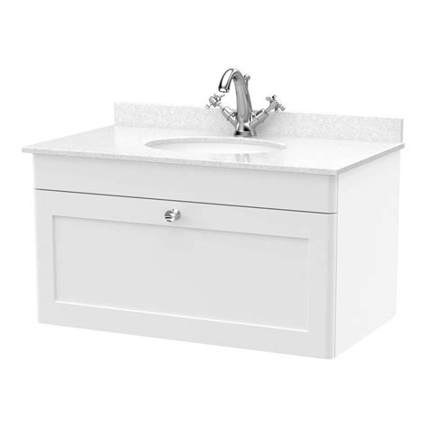 Nuie Classique 800mm Wall Hung 1-Drawer Vanity Unit & Round White Marble Top Basin 1TH - Satin ...