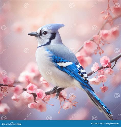 Blue Jay Bird on Cherry Blossom Tree, AI Stock Photo - Image of head, perching: 295072898
