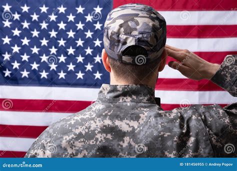 Military Man Saluting Us Flag Stock Image - Image of rear, salute: 181456955