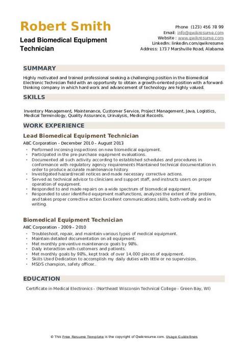 Biomedical Equipment Technician Resume Samples | QwikResume