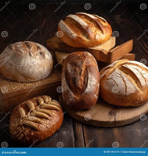 Different Types of Bread Loaves on Dark Wooden Background - Generative Ai Illustration Stock ...