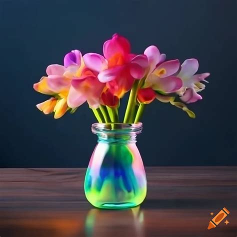 Vibrant freesia flowers in a colored glass jar on a black wood plank ...