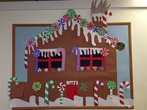 Gingerbread house candy Christmas bulletin board | Christmas bulletin, Christmas classroom, Door ...