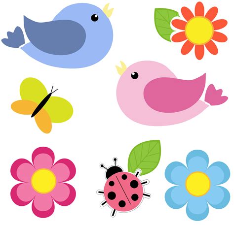 Clipart - Birds Butterfly Ladybug And Flowers No Background