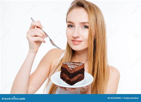 Smiling Beautiful Young Woman Eating Chocolate Cake Stock Photo - Image of beauty, background ...