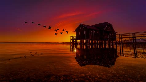 Lake House On Pier Birds Flying Sunset Scenery Wallpaper,HD Nature ...