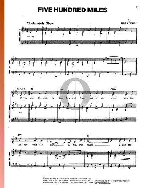 Five Hundred Miles (Hedy West) Piano Sheet Music - OKTAV