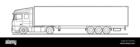 Vector outline truck, lorry, with semitrailer, side view. White blank template for truck, semi ...