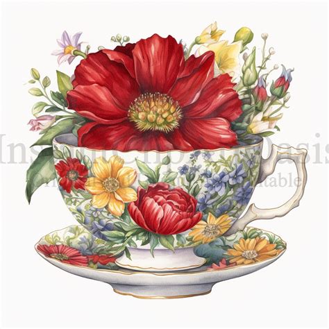 Floral Tea Cup Clipart, 10 High Quality Jpgs, Art, Instant Digital ...