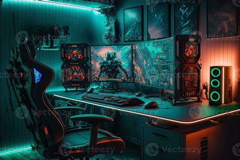 Spectacular gaming room interior, gaming pc, gaming desk, game setup ...