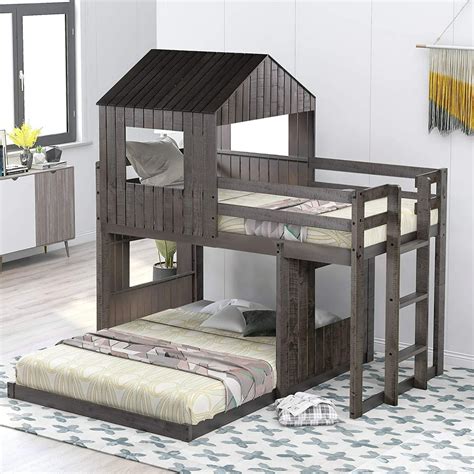 Churanty Wooden Twin Over Full Bunk Bed, Loft Bed with Playhouse, Farmhouse, Ladder and ...