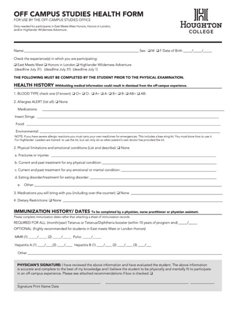 Off Campus Studies Health Form - Houghton College printable pdf download