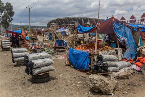 ADDIS ABABA, ETHIOPIA - APRIL 4, 2019: Market in Front of Adey Abeba ...