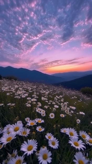 Premium AI Image | A field of daisies with the sunset in the background.