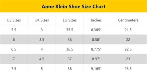 Anne Klein Shoe Size Chart for US, UK, EU, Inches, Centimeters