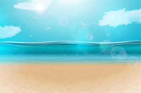 Vector blue ocean landscape background design with cloudy sky. Summer ...