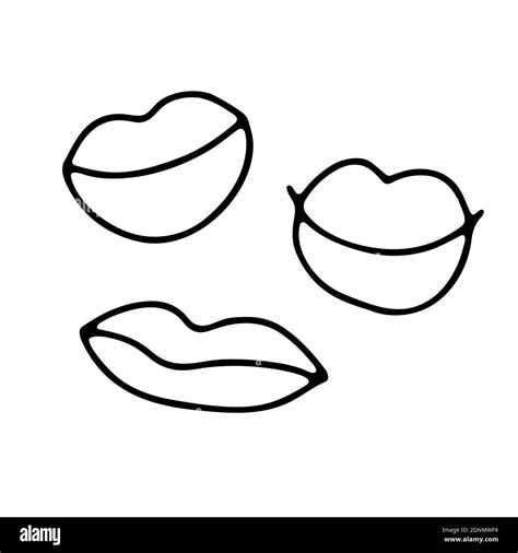 Hand-drawn black outline lips set. Mouth isolated on white background. Loving smile in the shape ...