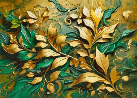 Abstract Gold Embossed Flower and Leaves on Green Background Stock Illustration - Illustration ...