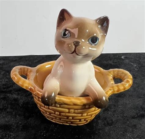 VINTAGE BLUE EYED Siamese Ceramic Cat In Basket Collectible Seal Tip Kitten $26.89 - PicClick