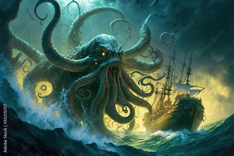 A giant octopus kraken monster attacking a pirate ship in the dark ...