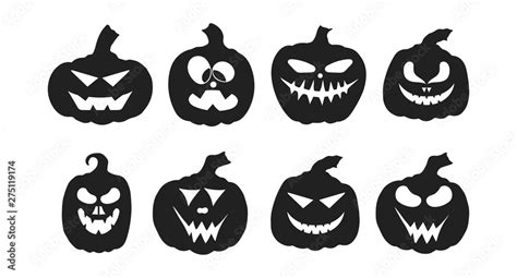 Halloween jack o lantern pumpkin silhouettes with spooky smiling faces. October party scary ...