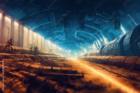 Underground city landscape with futuristic setting. Spectacular cyberpunk sci-fi mechanical ...