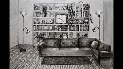 How to draw - living room with sofa and books - one point perspective part1 - YouTube