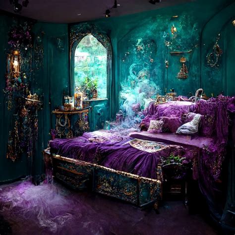 Teal & Purple elven bedroom covered in potions, gems, lace curtains, bones, and feathers ...