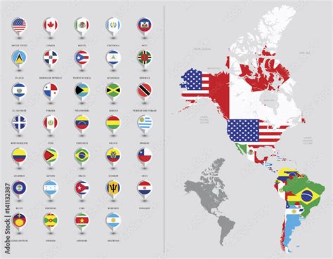 Map of North and South America. Flags of the Americas Stock Vector | Adobe Stock