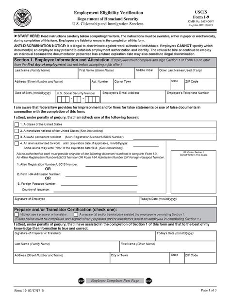 Dept Of Homeland Security USCIS Form I-9 2021 Printable - I9 Form 2023 ...