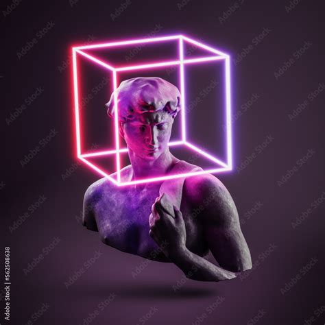 Vapor retro synth wave greek statue of david with neon light background ...