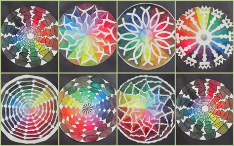 four different colored paper plates with designs on them and one has a ...