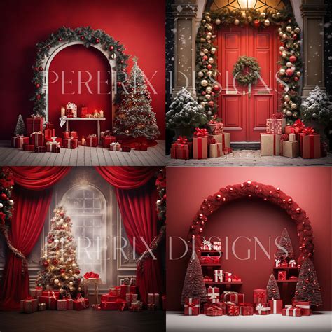 12 Digital Christmas Backdrop With Red Theme, Arches and Doors ...