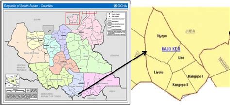 Map of South Sudan (left enclosed in square) showing Kajo-Keji County ...