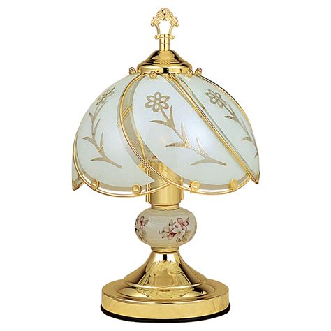 14.25″ FLORAL ETCHED WHITE TOUCH-ON BRASS TABLE LAMP